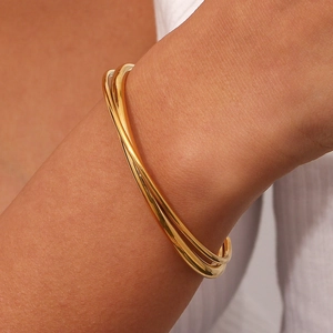 Minimalist 18K gold plated stainless steel triple layered interlaced bangle for women