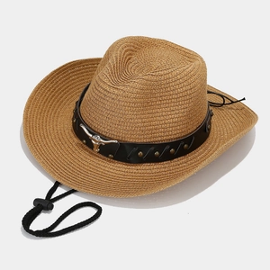 Khaki woven straw cowboy hat with vintage bull head metal ornament and leather strap
