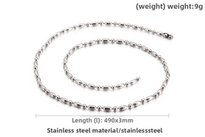 Detail of 3mm stainless steel bead chain necklace showing 490mm length and 9g weight