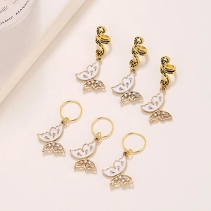 Golden butterfly hair braid rings set with rhinestones and enamel pendants for women