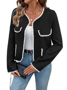 French style black tweed jacket for women featuring elegant white lace trim and long sleeves