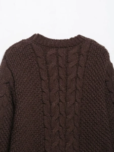 Detail of dark brown cable knit sweater showing back neckline and thick weave texture