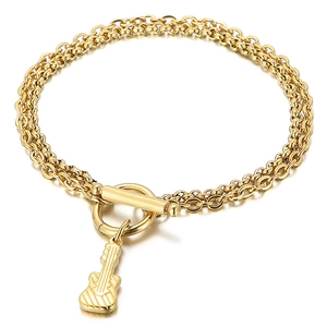 Stainless Steel Layered Chain Bracelet With Guitar Pendant And T-Bar Clasp Punk Music Style Jewelry For Women