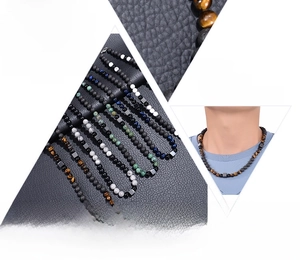 Detailed collage of natural tiger eye and hematite stone bracelets with model lifestyle views