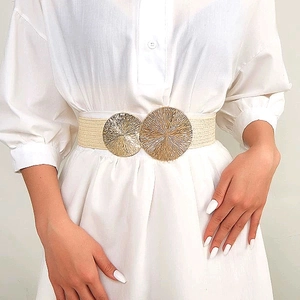 Women's summer woven cream belt with decorative double round gold metal buckle on white dress
