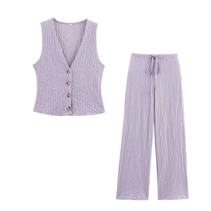 Lilac textured two-piece set featuring V-neck button vest and drawstring wide-leg pants