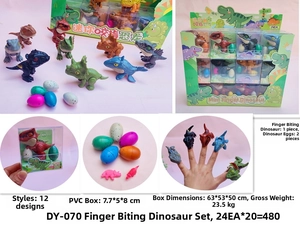 Miniature dinosaur toy set with egg accessories and colorful box packaging details