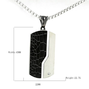 Stainless steel pendant necklace with black cracked texture and crystal in square box chain