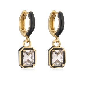 Detail of square sugar drop earrings with black enamel and clear sparkling zircon stones