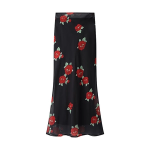 Detail of elegant black floral maxi skirt featuring vibrant red rose prints on soft fabric