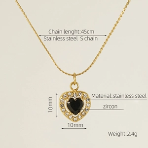 Detail showing 45cm stainless steel S chain with a 10mm black zircon heart pendant