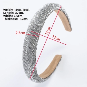 Detailed dimensions of sparkling rhinestone headband with padded velvet lining and size labels
