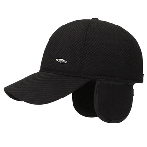 Winter thermal baseball cap for men with warm ear flaps and textured black fabric