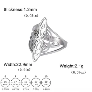 Double-layer Celtic witch knot stainless steel ring with size and dimension specifications