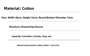 Detailed dimensions of drawstring cotton storage bag showing 20x16x12cm size specifications