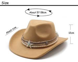 Detailed size specifications for the vintage khaki felt cowboy hat with 8cm brim