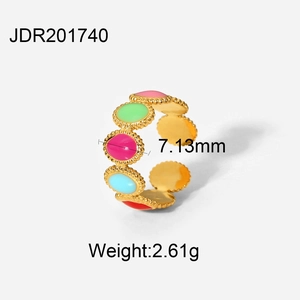 Detail of 18K gold plated ring with colorful enamel inlay and 7.13mm width measurement