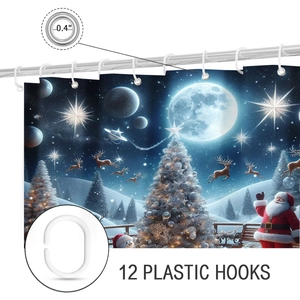 Detail of Christmas star shower curtain with 12 plastic hooks and metal eyelet size