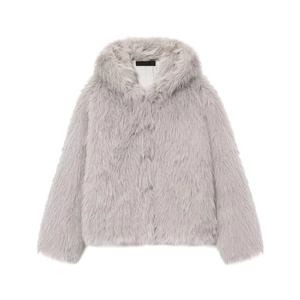 Close-up of the soft fluffy texture and hood detail on a light grey faux fur jacket