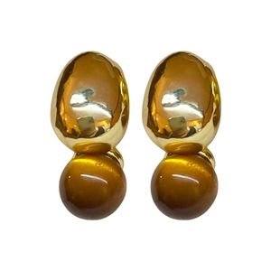 French vintage gold studs with brown faux tiger eye stone balls for women