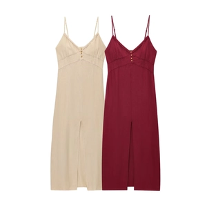 Robe Midi Cami en Mélange de Lin pour Femme Vintage Français Col en V Bordure en Dentelle Fente Taille Haute Sans Manches