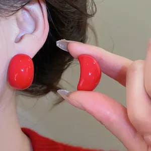 Glossy Red Acrylic Water Drop Earrings With Silver Earring Post Minimalist Retro Style For Women
