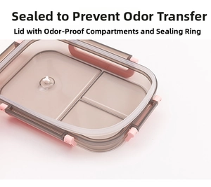 Detail of the pink leakproof silicone sealing ring and compartments in the lunch box lid