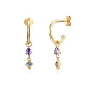 S925 silver needle drop earrings with purple zircon and gold finish geometric dangles