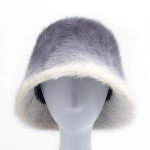 Women's gradient grey rabbit fur bucket hat with plush texture and stylish face-slimming fit