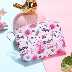Chic PU coin purse with pink fashion prints and metal ring on blue pink background