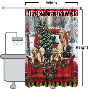 Detailed view of Christmas shower curtain with red truck, dogs, and size measurements