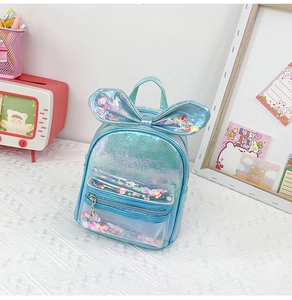 Macro detail of laser blue sequin bow backpack with glittery texture and transparent pocket