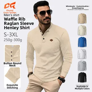 Close-up of waffle knit texture and three-button neckline on raglan sleeve Henley shirt