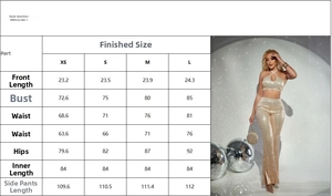 Size chart for sequin halter top and flare pants set with measurements for XS-L