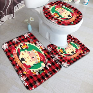 Three-piece red and black plaid Christmas bathroom mats with Santa Claus and snowflakes