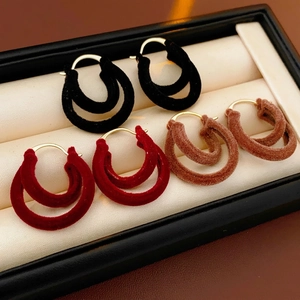 Boucles D'oreilles Créoles Rétro À Double Couche Avec Tige En Argent Sterling 925 Texture Velours Flocage Pour Femmes