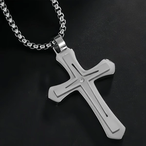 Double-layered silver cross pendant with crystals on a long titanium steel chain