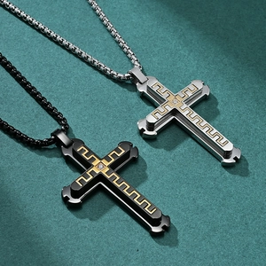 Men's double-layer steel cross pendant necklaces with Greek fret pattern on green background