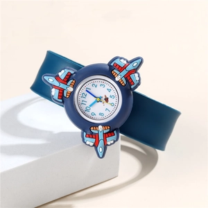 Kids quartz snap watch featuring a rotating navy blue strap with colorful cartoon airplanes