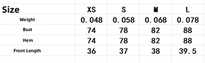 Size chart for embroidered knit camisole showing weight, chest, and length measurements