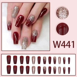 Burgundy and gold glitter long coffin press on nails set with 24 pieces in model W441