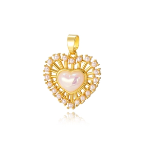 Elegant gold heart pendant with iridescent white gemstone and pearl border details