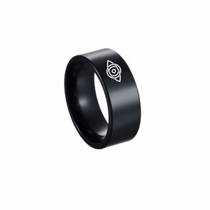 Close-up of 8mm matte black stainless steel ring featuring laser-engraved eye logo detail