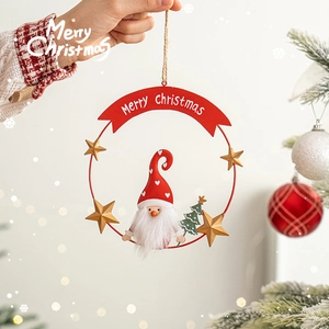 Nordic iron Merry Christmas wreath with Santa gnome and gold star tree ornament