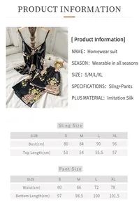 Size chart for women floral satin sleepwear set showing sling top and pants measurements
