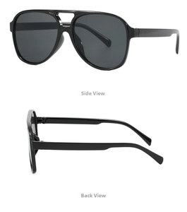 Detailed front and side view of black double-bridge oversized aviator sunglasses