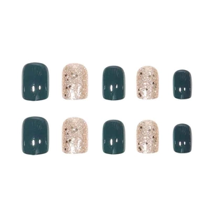 Faux ongles courts carrés vert foncé brillant avec paillettes rose doré chic