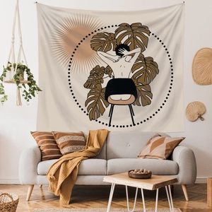 Minimalist bohemian wall tapestry featuring abstract woman silhouette and botanical sun art