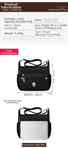 Size chart showing large capacity nylon bag dimensions 26x20x9cm with iPad scale