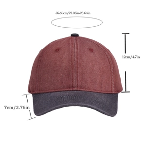 Detailed size chart for retro washed baseball cap showing 56-60cm circumference and 7cm brim